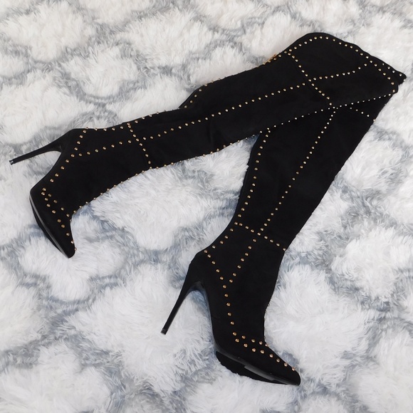 Mackin J Shoes - Black &Gold Studded Over the Knee Boots